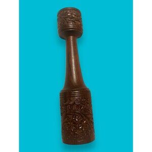 Vintage Hand Carved 10” African Kenya Teak Wood Floral Candle Holder Rare 1970s